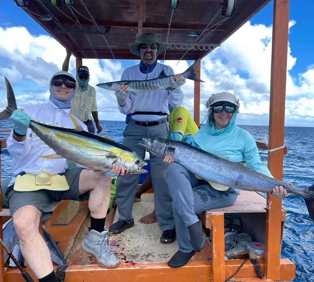 Hosted group with barracuda, tuna, and wahoo. A fishing package at The Villages on Christmas Island includes offshore fishing.